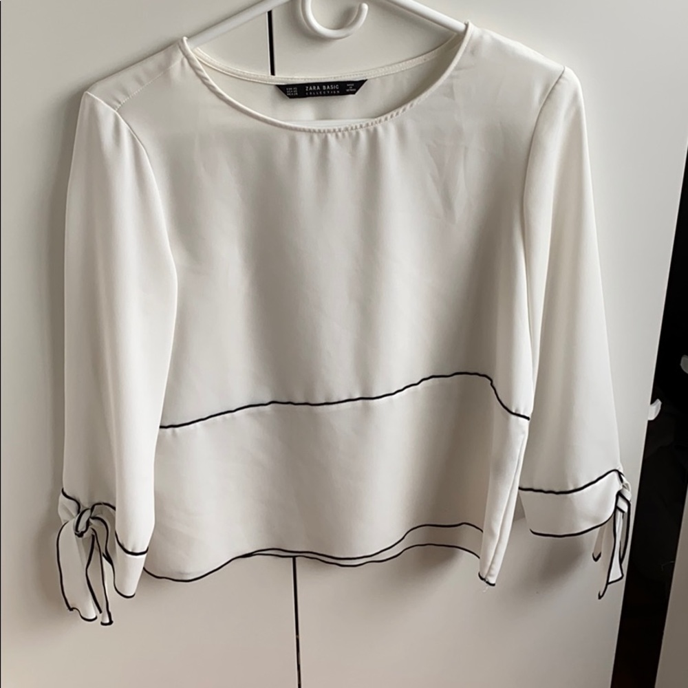 Zara White Blouse w black detail & sleeve ties XS